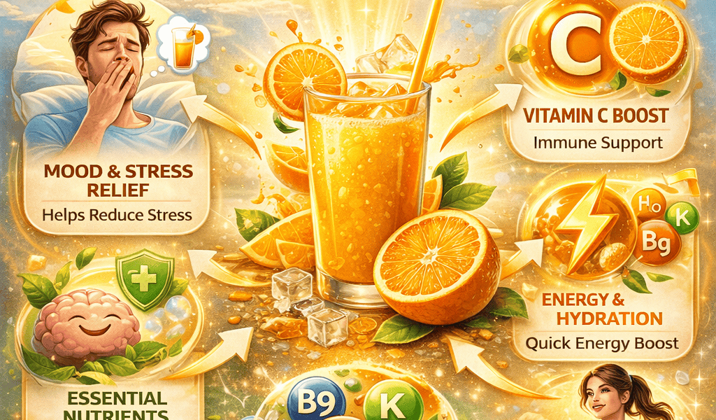 Craving orange juice illustration showing vitamin C, energy boost, hydration, and stress relief benefits