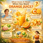 Craving orange juice illustration showing vitamin C, energy boost, hydration, and stress relief benefits