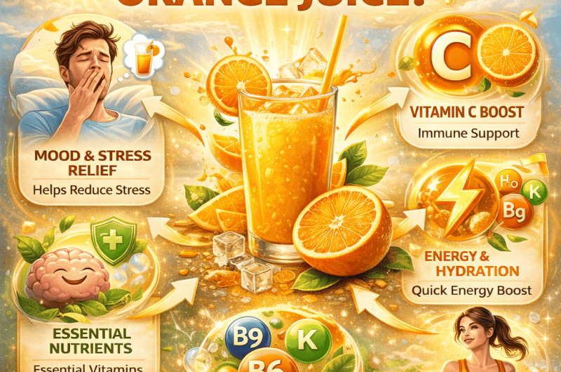 Craving orange juice illustration showing vitamin C, energy boost, hydration, and stress relief benefits